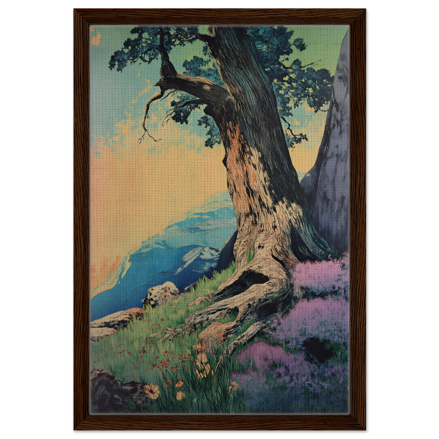 Gnarled tree with twisted trunk on hillside featured in Sylvan Synapse Canvas print