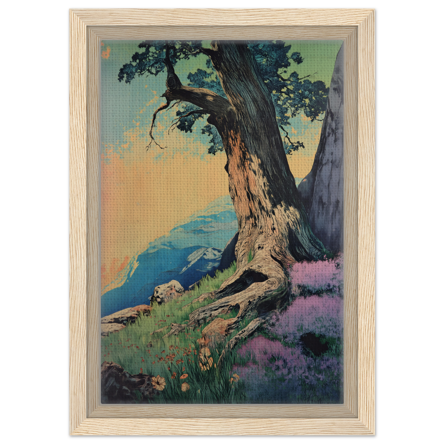 Gnarled tree with twisted trunk in vibrant landscape on Sylvan Synapse Canvas room decor