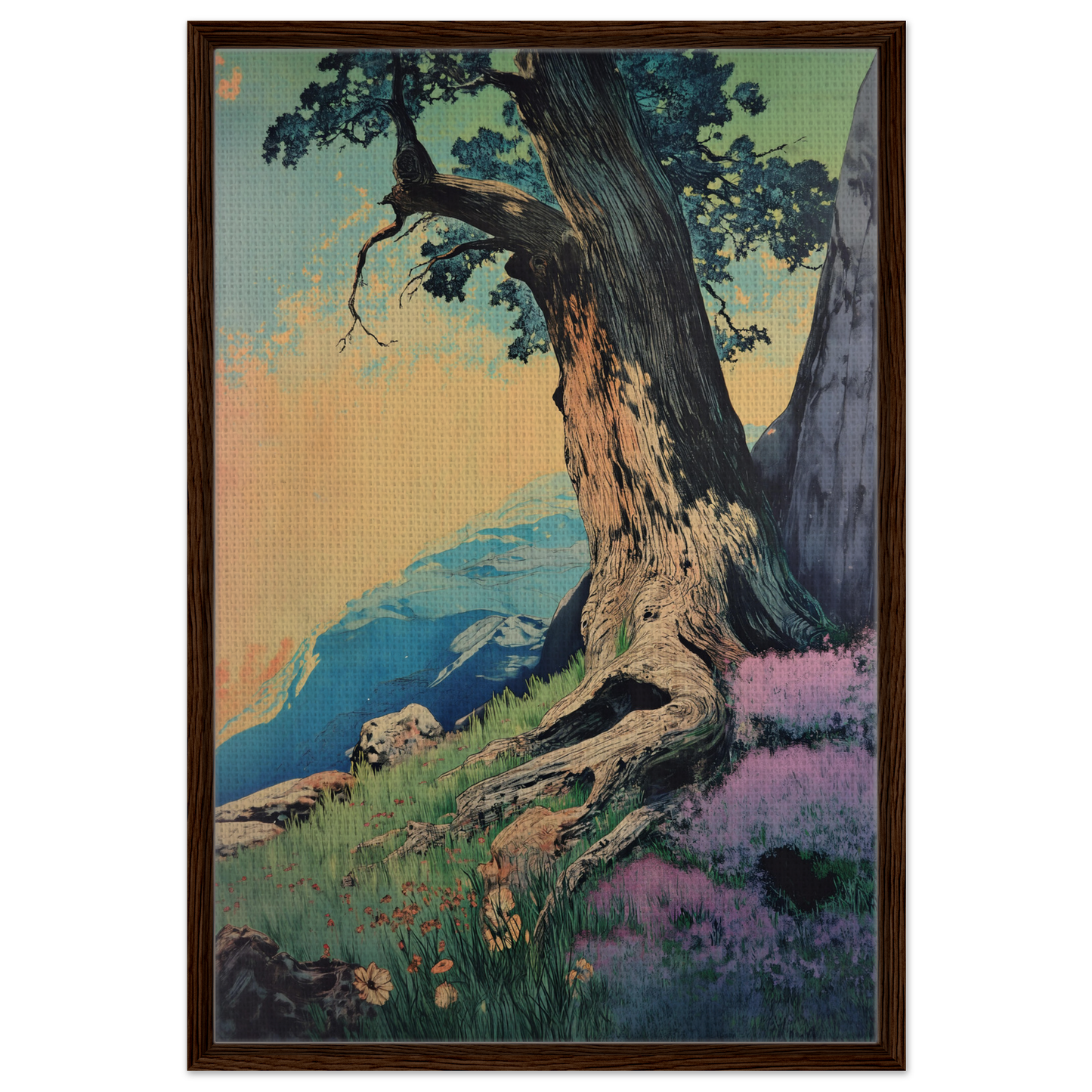 Gnarled tree with twisted trunk on hillside, featured in Sylvan Synapse Canvas room decor