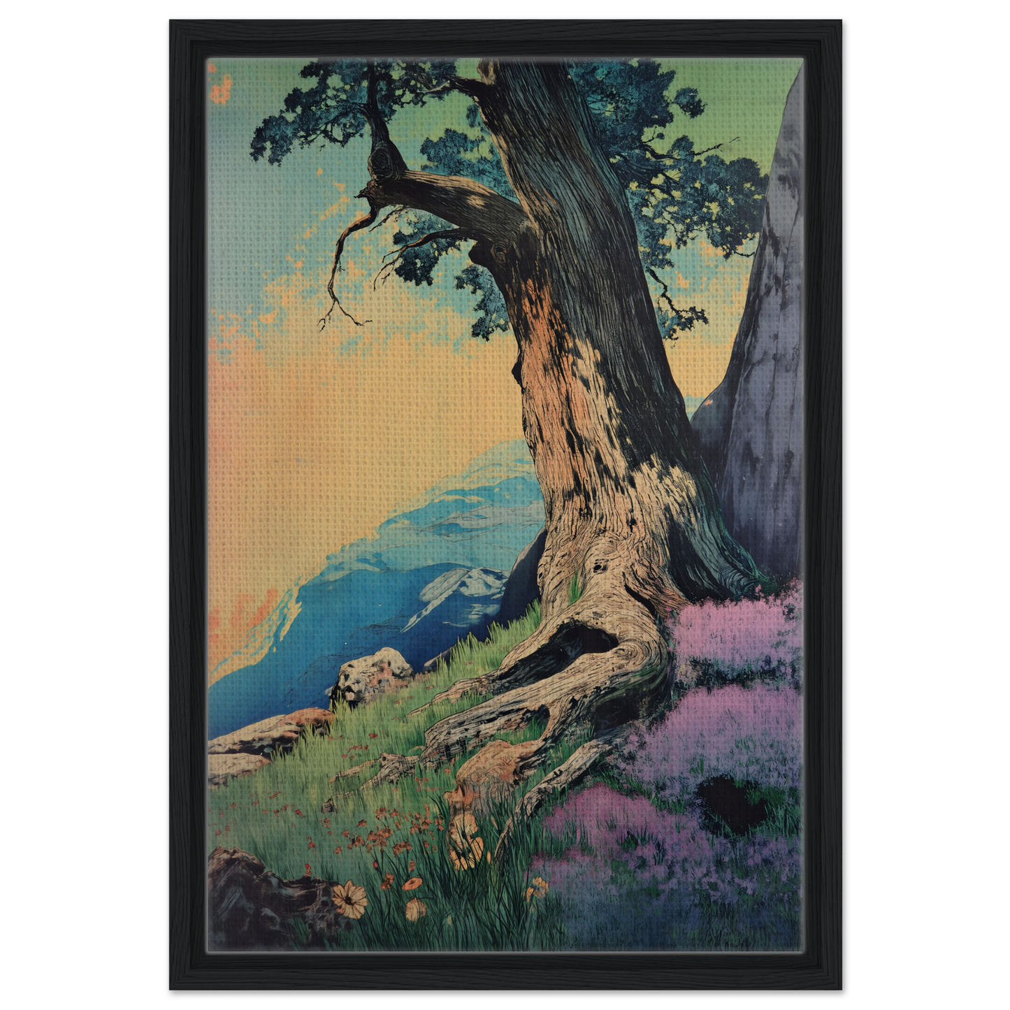 Gnarled old tree with twisted trunk beneath a colorful sky on Sylvan Synapse Canvas