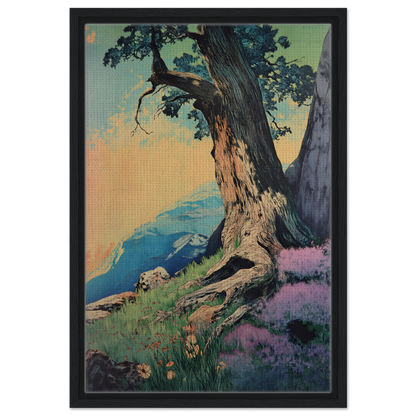 Gnarled old tree with twisted trunk beneath a colorful sky on Sylvan Synapse Canvas