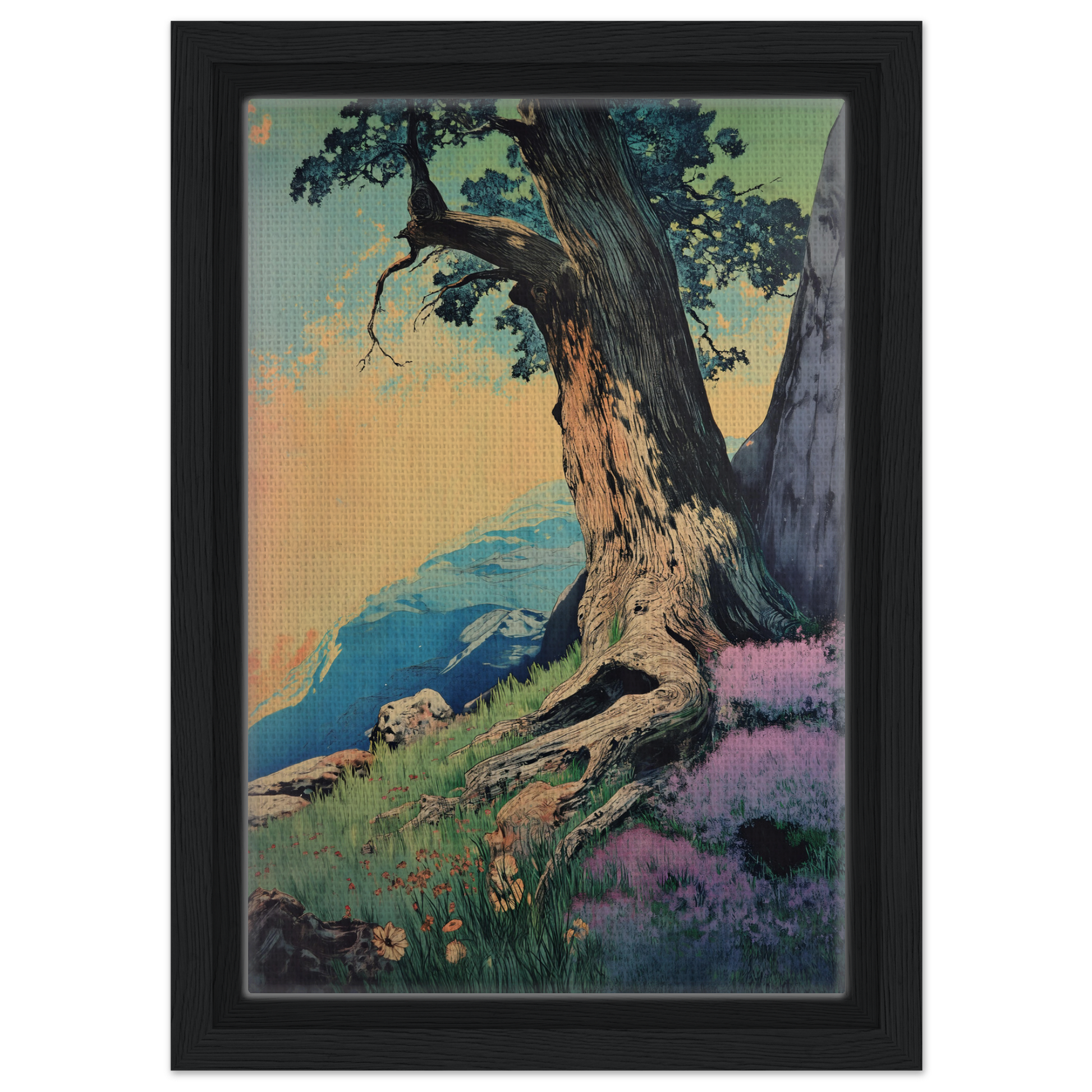 Gnarled tree overlooking coastal landscape on Sylvan Synapse Canvas for elegant room decor