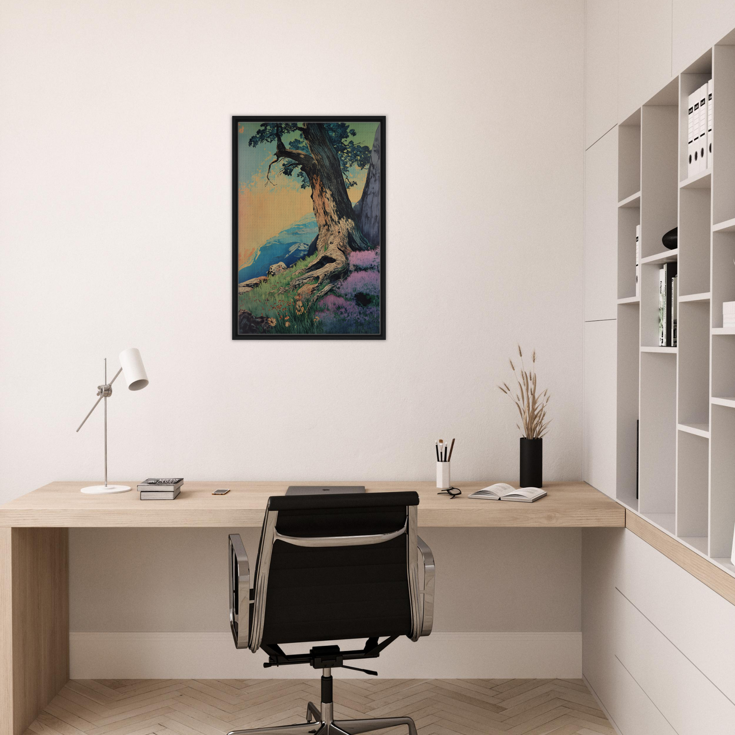 Minimalist home office featuring Sylvan Synapse Canvas and stylish wooden desk setup