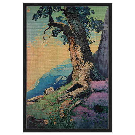 Gnarled tree with twisted trunk on hillside featured in Sylvan Synapse Canvas room decor