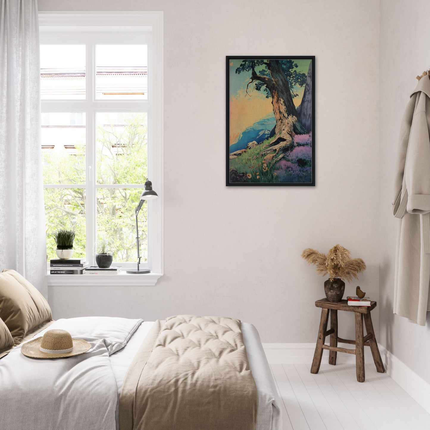 Cozy bedroom with white decor featuring Sylvan Synapse Canvas as unique room decor