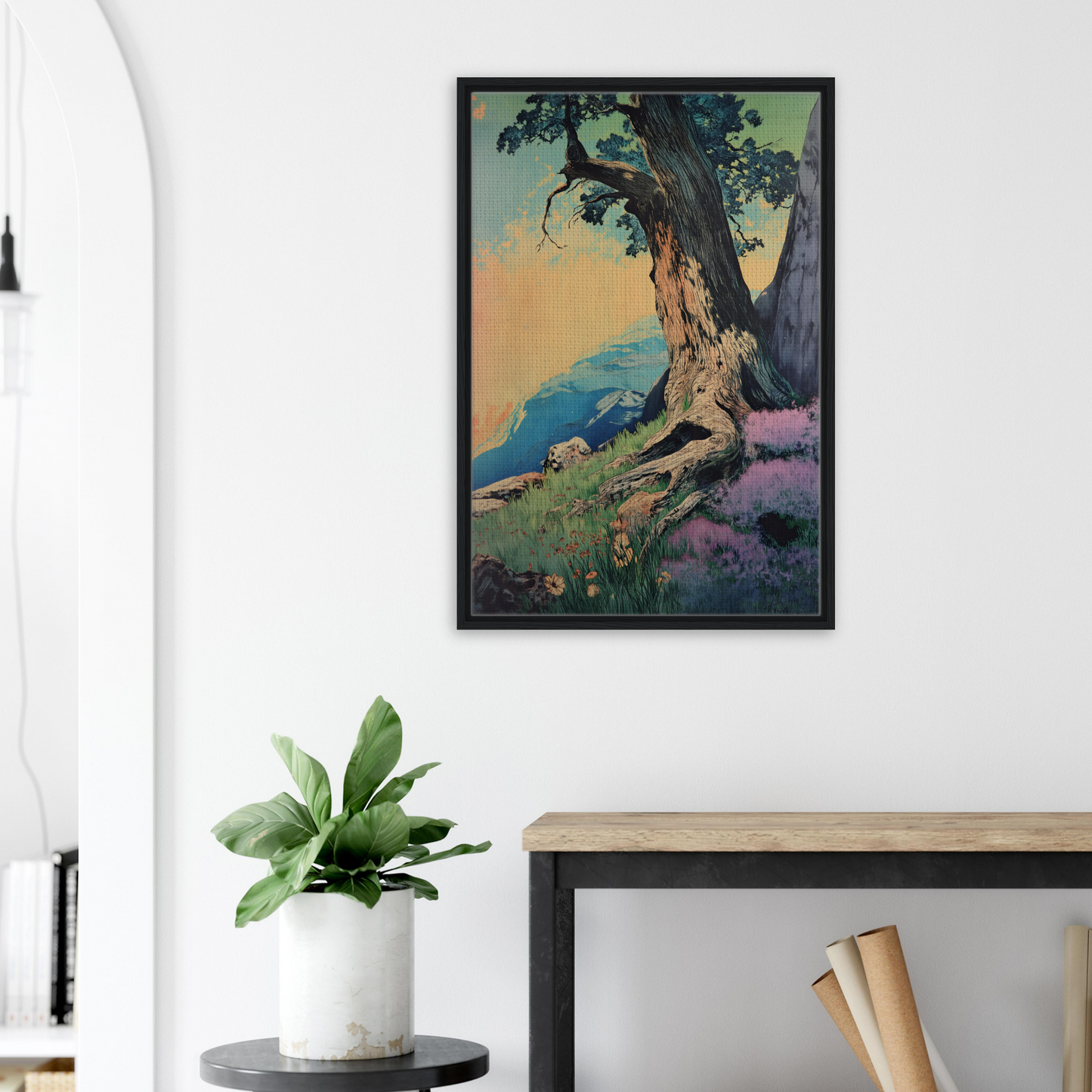 Framed painting of a gnarled tree on coastal landscape for Sylvan Synapse Canvas room decor