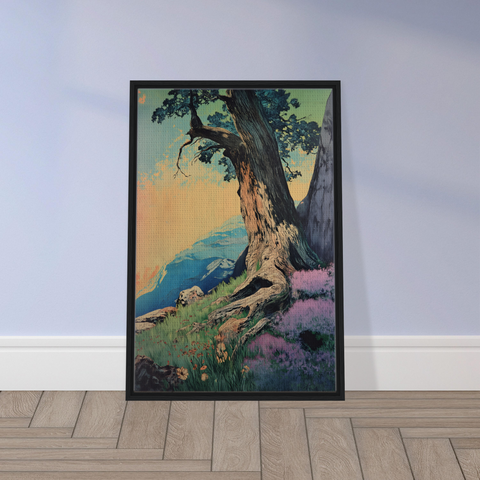 Framed painting of a gnarled tree on a hillside, part of Sylvan Synapse Canvas collection