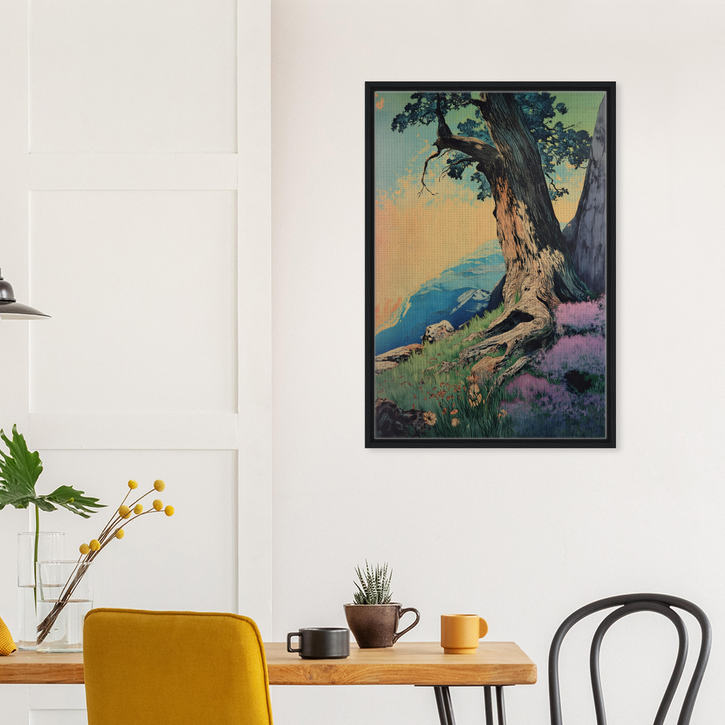 Framed Sylvan Synapse Canvas artwork featuring a gnarled tree and coastal landscape