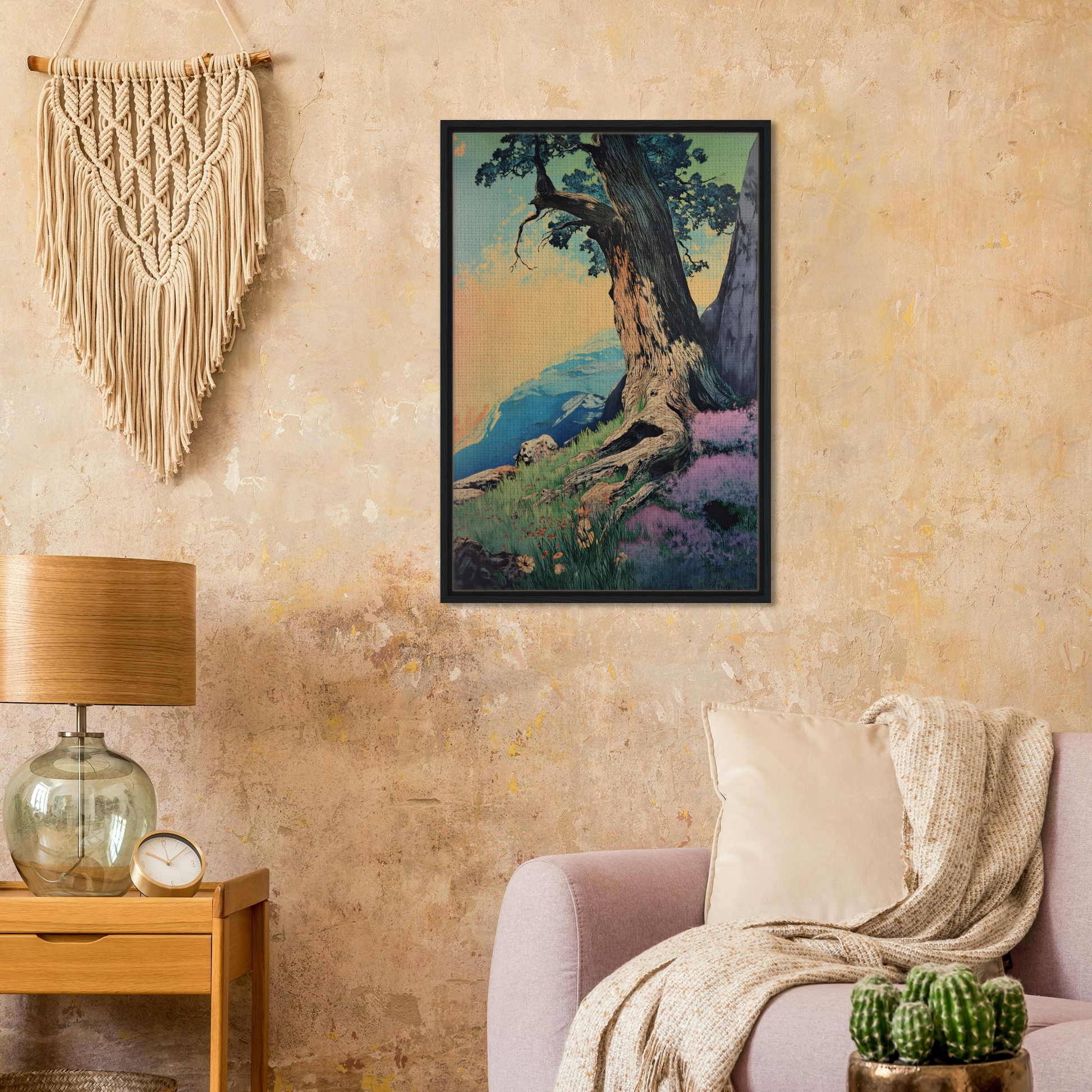 Framed Sylvan Synapse Canvas depicting a tree on a hillside with a colorful sky, ideal for room decor