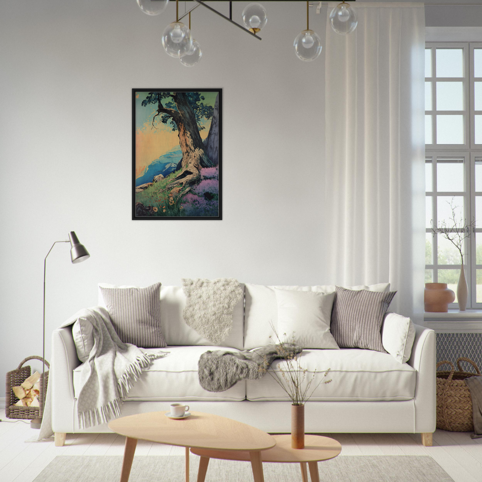 White sofa adorned with throw pillows and blankets, featuring Sylvan Synapse Canvas artwork