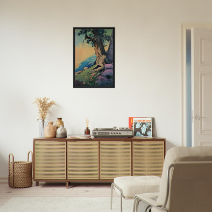 Wooden sideboard with cane-webbed doors, styled under Sylvan Synapse Canvas artwork