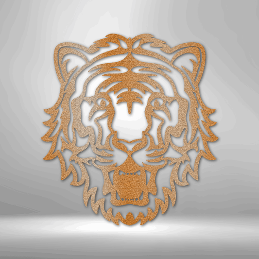 Stylized tiger head design made of golden-orange metallic material with cutout patterns.