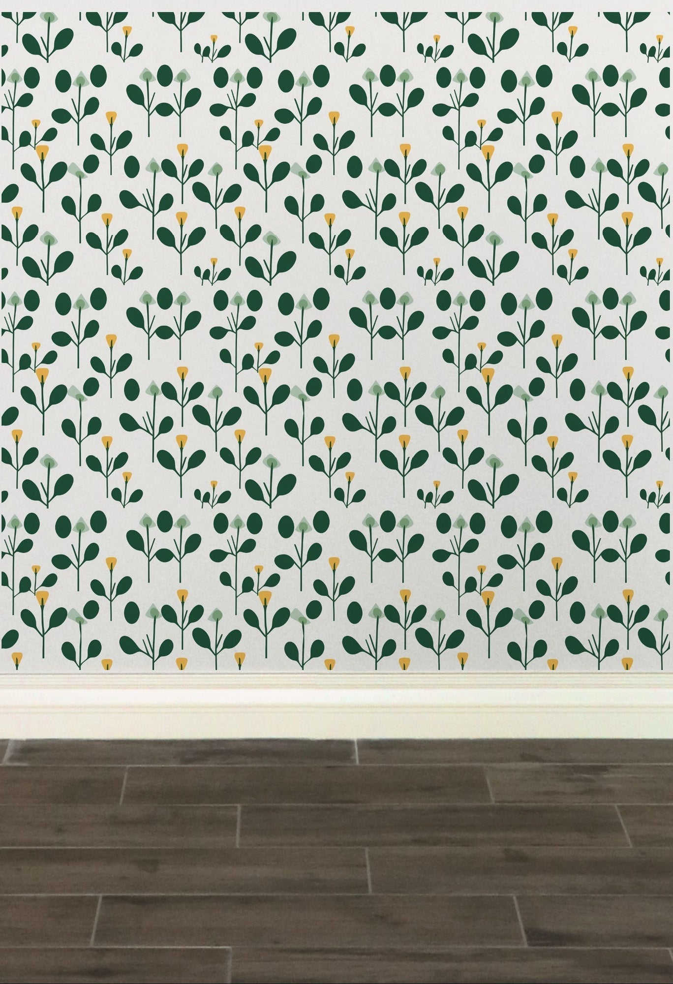 Patterned wallpaper featuring repeating green leaf and yellow flower motifs on a white background.