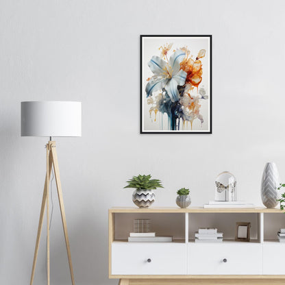 Framed watercolor painting of vibrant flowers in soft, flowing brushstrokes.