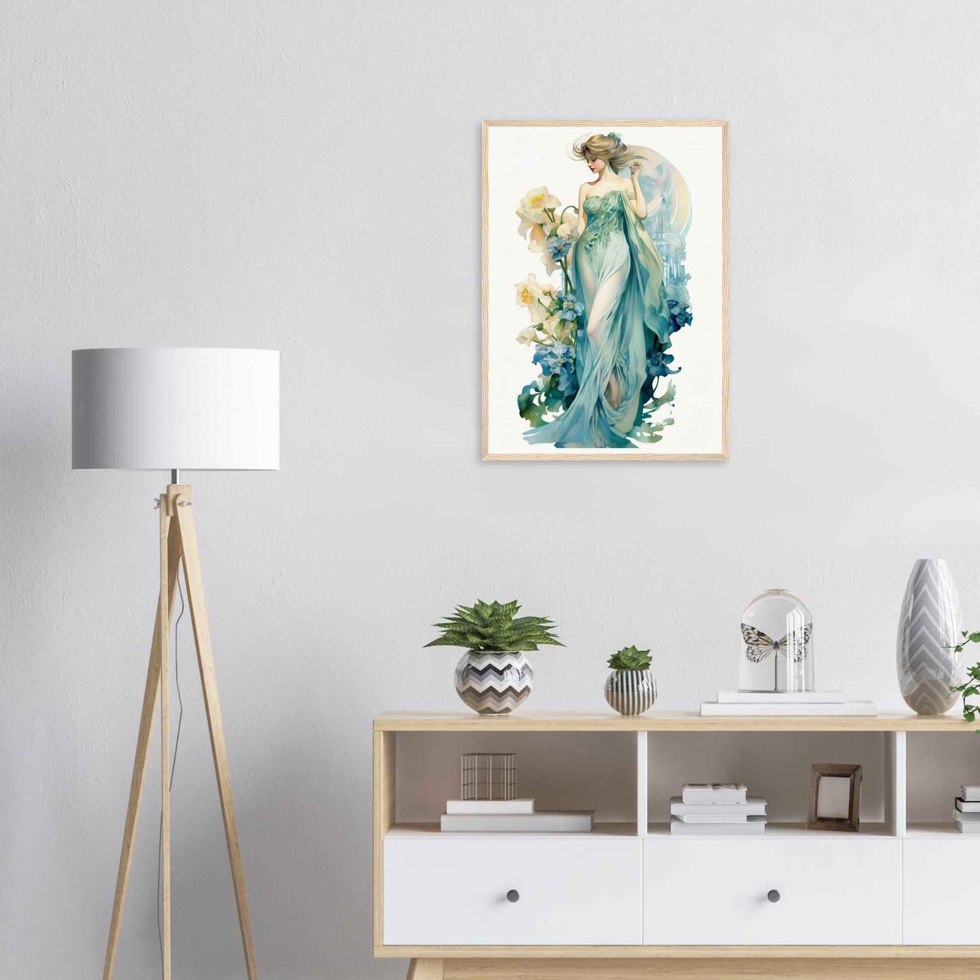 Framed artwork depicting an ethereal woman in a flowing blue-green gown.