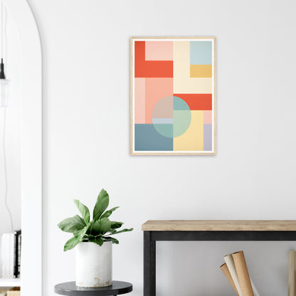 Abstract geometric artwork featuring colorful shapes and blocks in pastel and bold hues.