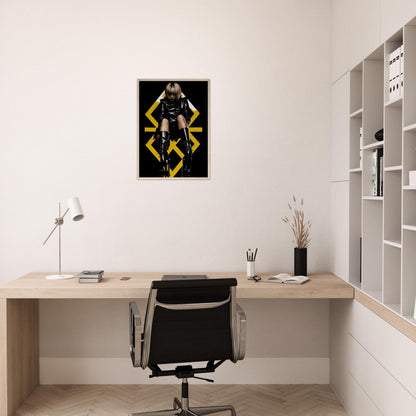 Minimalist home office workspace with a desk, chair, and framed athletic poster.