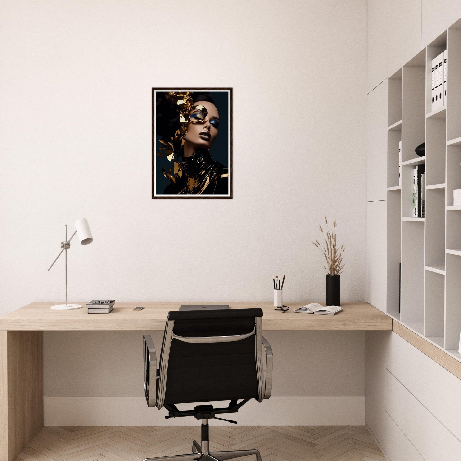 Minimalist home office workspace with a wooden desk, office chair, and framed artwork on the wall.