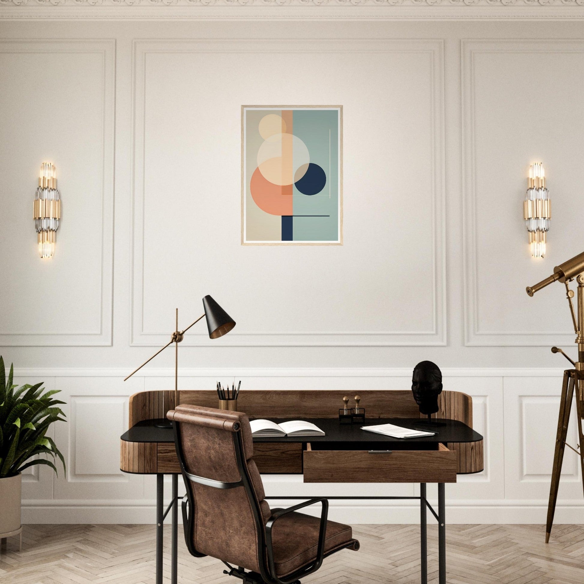 Wooden desk with leather chair in a mid-century modern style.