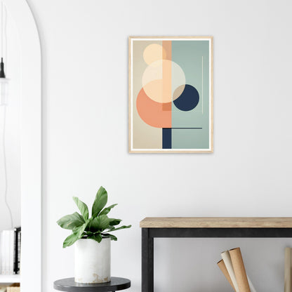 Abstract geometric art print featuring overlapping circles and shapes in muted pastel colors.