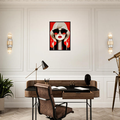 Stylized pop art portrait of a woman with red lips and sunglasses against a red background.