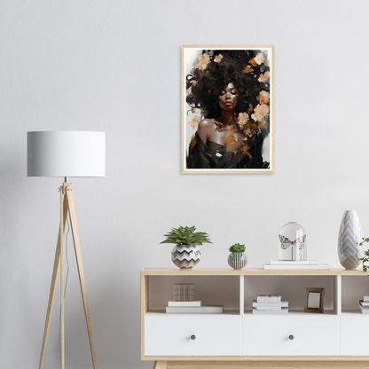 Portrait of a woman with voluminous, dark curly hair adorned with flowers.