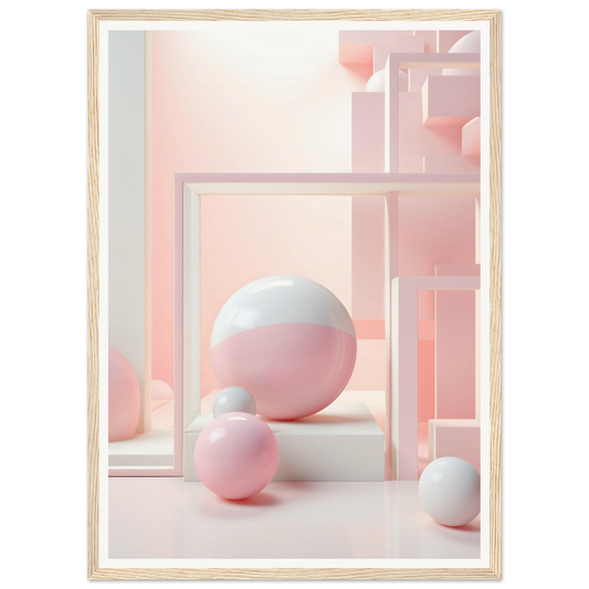 Spherical objects in soft pink and white tones.