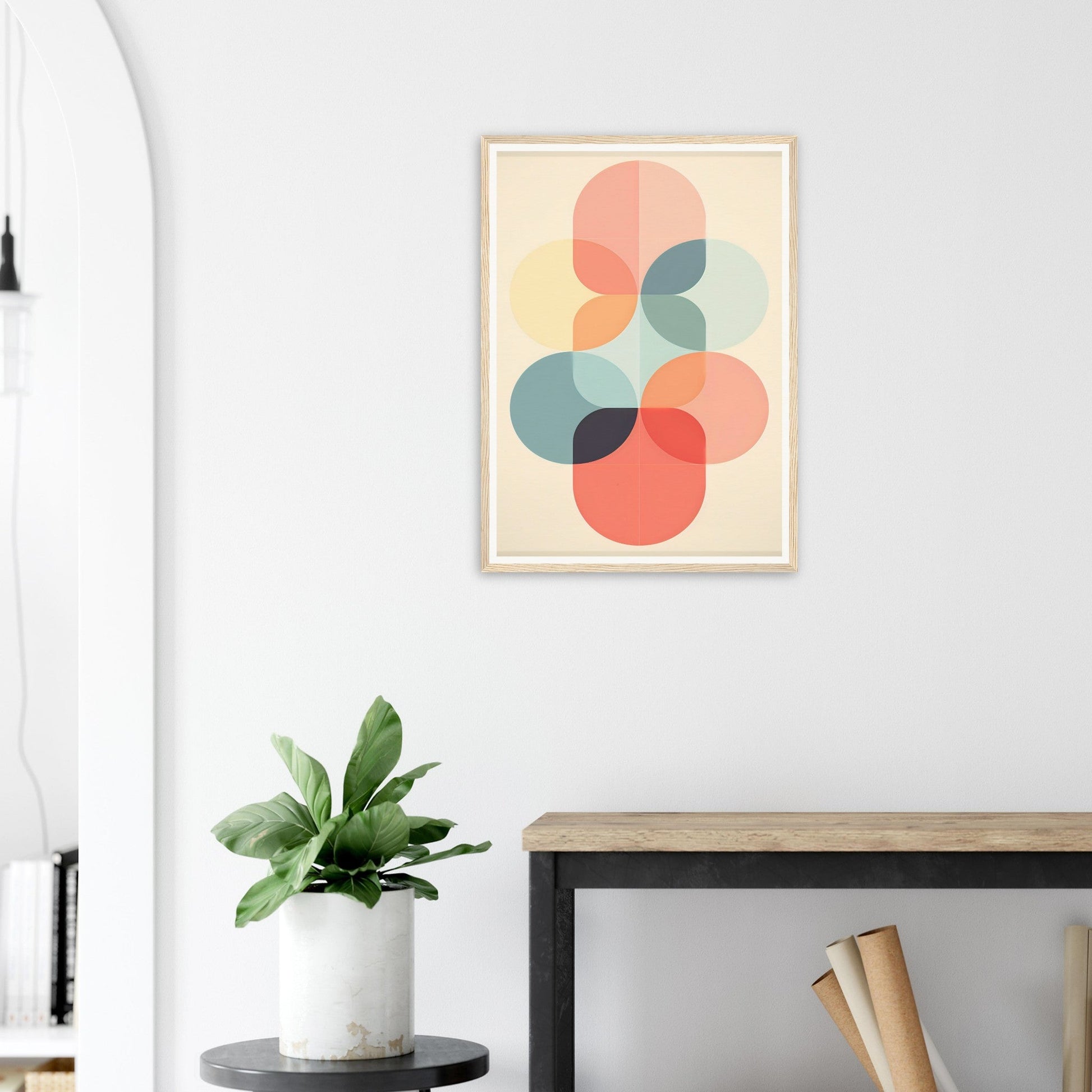 Abstract geometric artwork featuring overlapping circles in soft pastel colors.