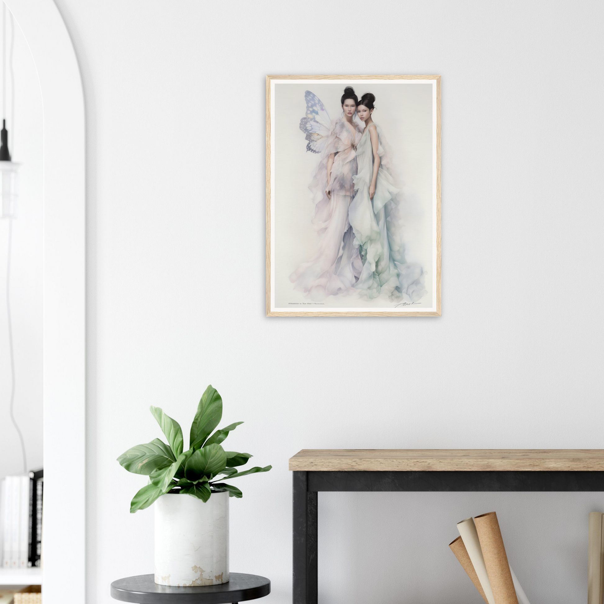 Framed watercolor painting of a delicate, ethereal figure with wings.