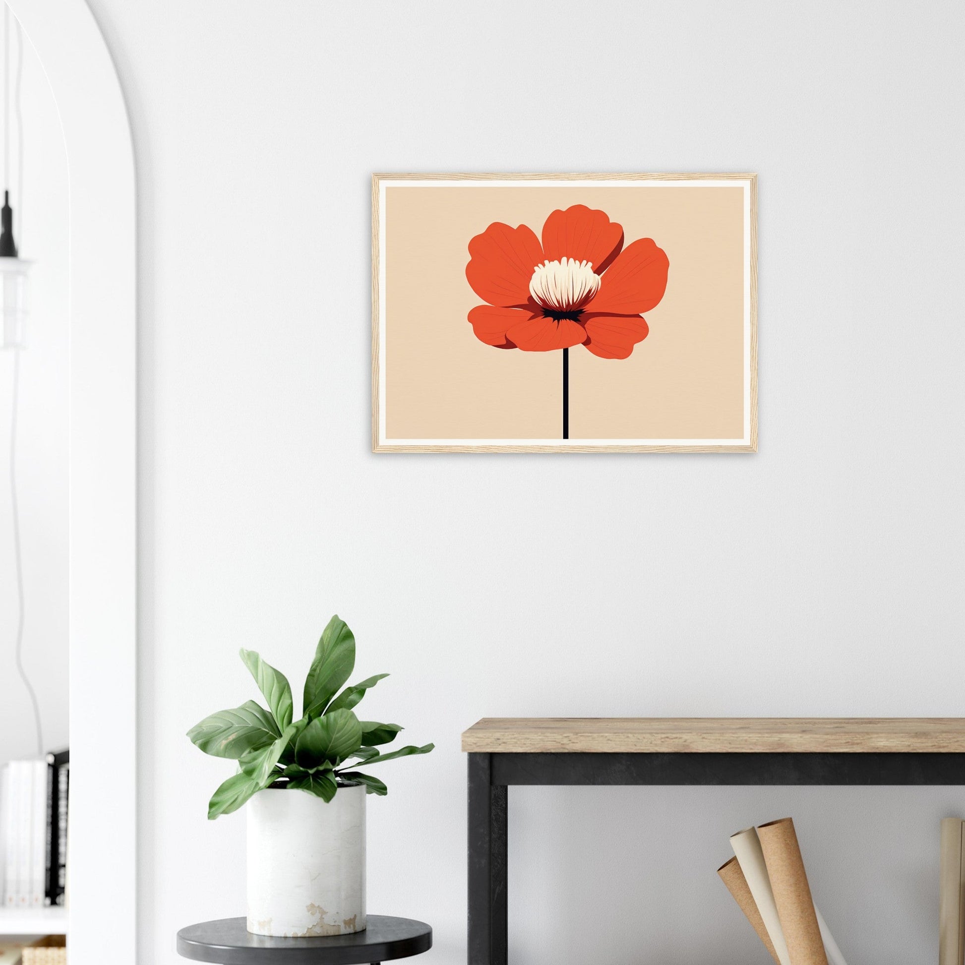 Framed artwork of a single red poppy flower against a beige background.