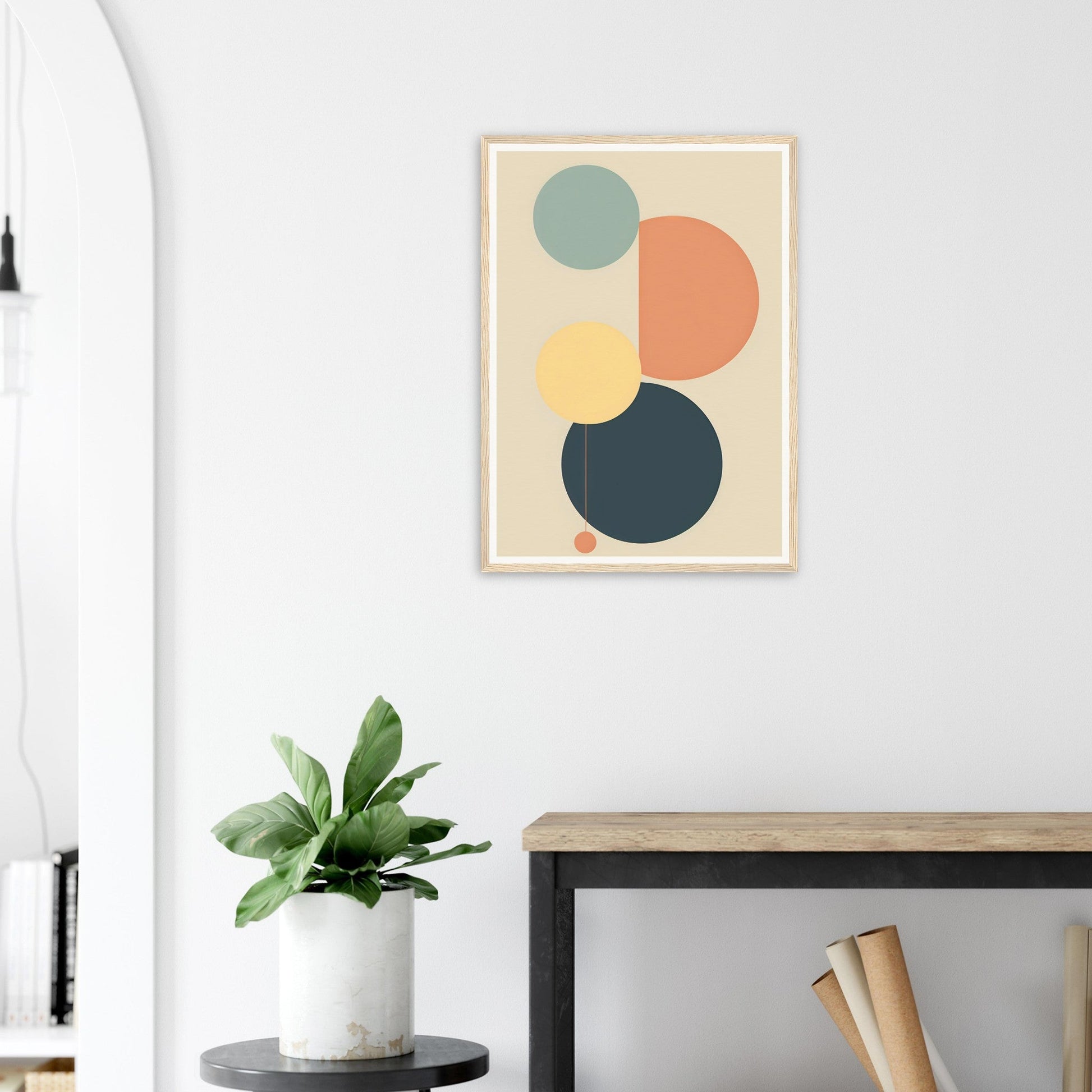 Abstract geometric artwork featuring four overlapping circles in muted colors.