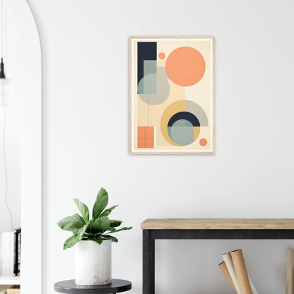 Abstract geometric art print featuring circles, rectangles, and curved shapes in muted colors.