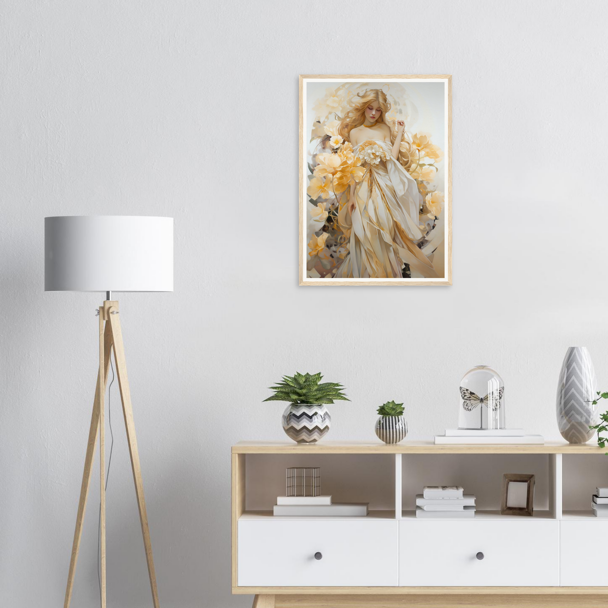 Framed painting of an ethereal female figure in flowing white and golden tones.