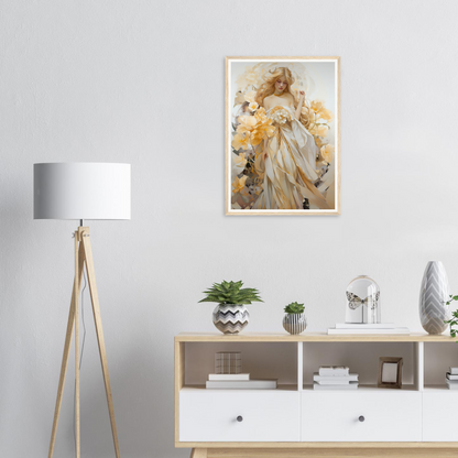 Framed painting of an ethereal female figure in flowing white and golden tones.