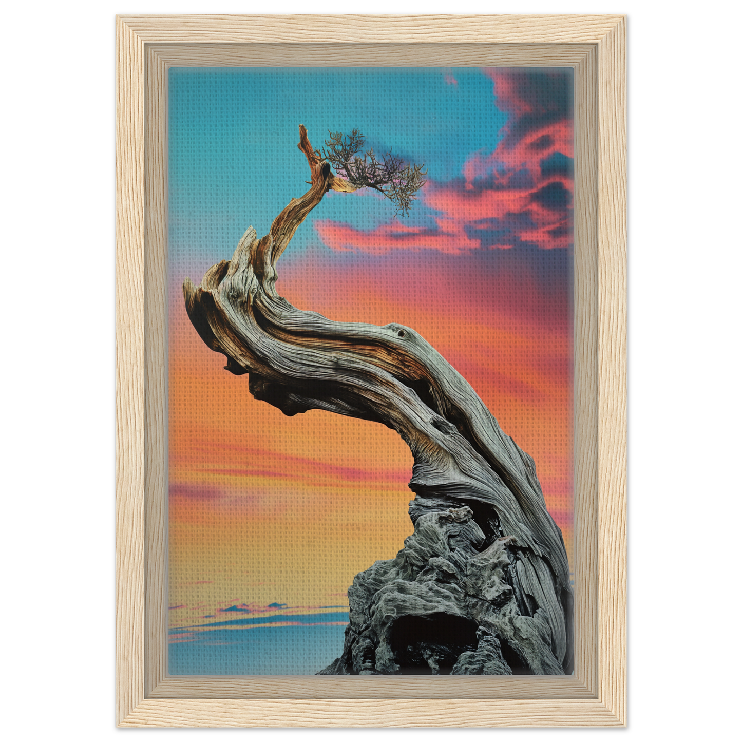 Twisted gnarled tree with sparse foliage in Tangled Celestial Dawn framed canvas print