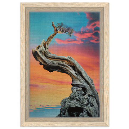 Twisted gnarled tree with sparse foliage in Tangled Celestial Dawn framed canvas print