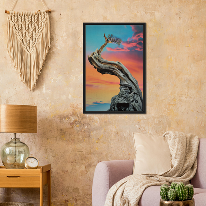 Framed photograph of a gnarled tree at sunset for Tangled Celestial Dawn room decor