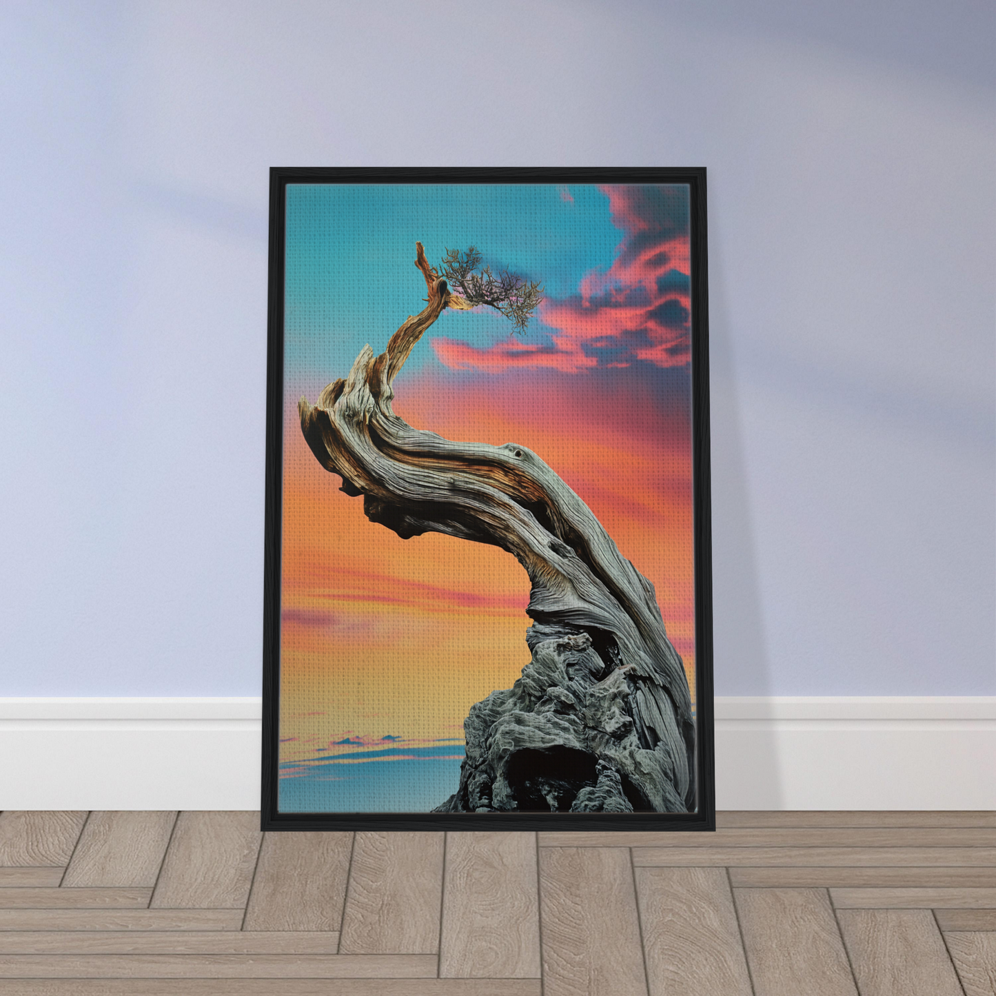 Twisted tree trunk silhouetted against Tangled Celestial Dawn sunset for room decor