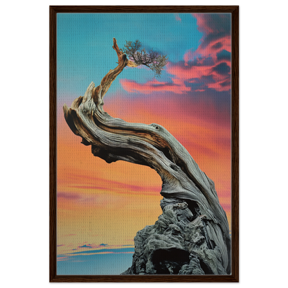 Twisted gnarled tree with sparse foliage under Tangled Celestial Dawn framed canvas print