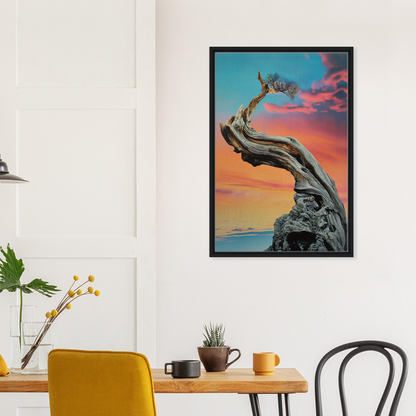 Framed canvas print of a gnarled tree at vibrant Tangled Celestial Dawn sunset