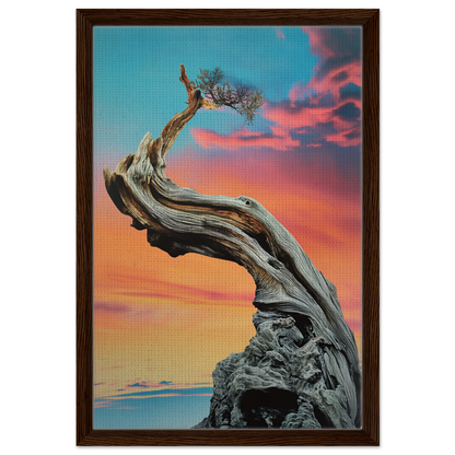 Twisted gnarled tree on rocky outcrop under colorful sky in Tangled Celestial Dawn framed canvas print