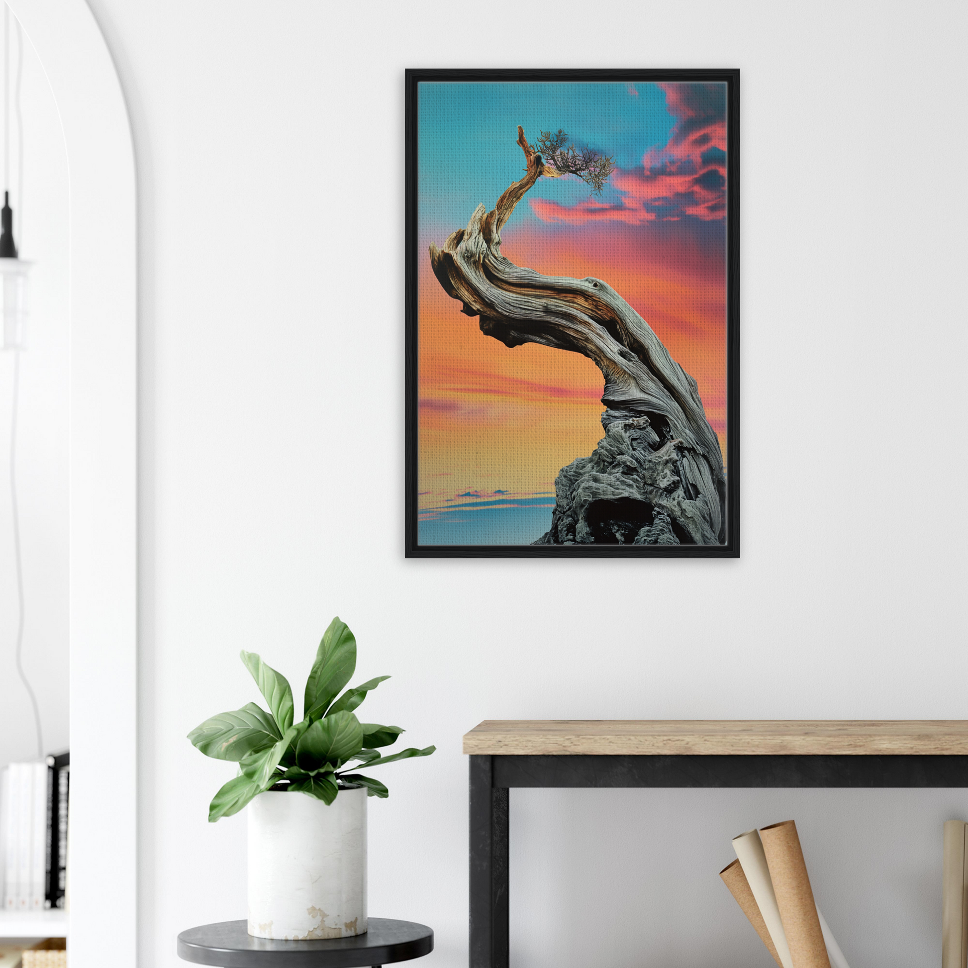 Framed Tangled Celestial Dawn artwork of a gnarled tree at sunset for room decor