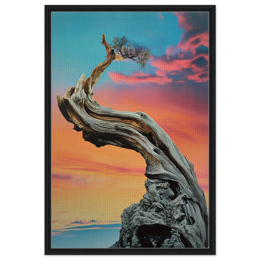 Twisted gnarled tree against a colorful sky in Tangled Celestial Dawn framed canvas print