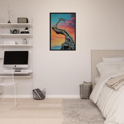 Framed canvas print of Tangled Celestial Dawn featuring a twisted tree and sunset sky