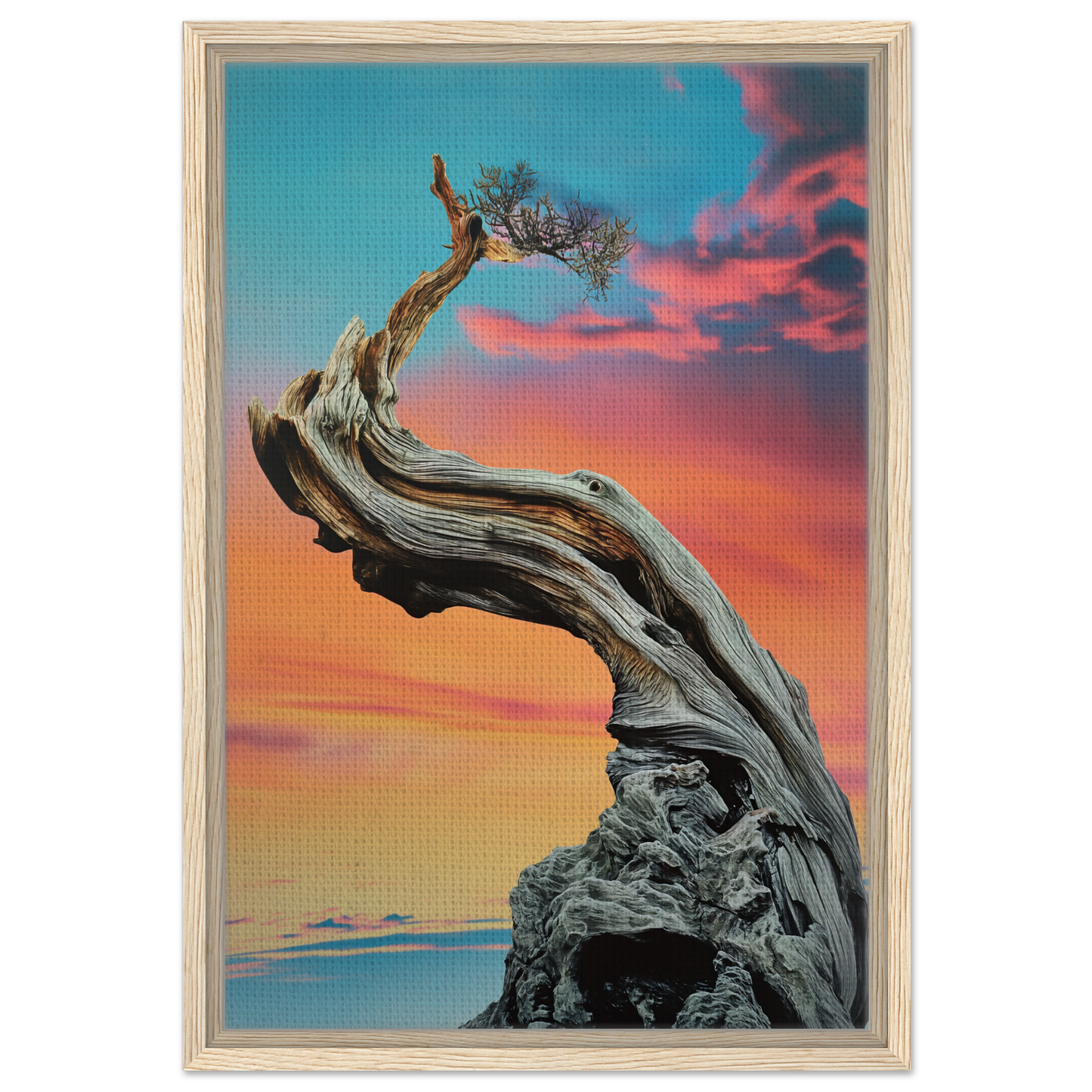 Twisted gnarled tree with sparse foliage atop rocky base for Tangled Celestial Dawn room decor