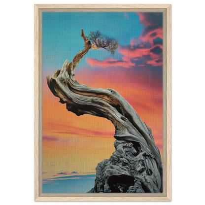 Twisted gnarled tree with sparse foliage atop rocky base for Tangled Celestial Dawn room decor