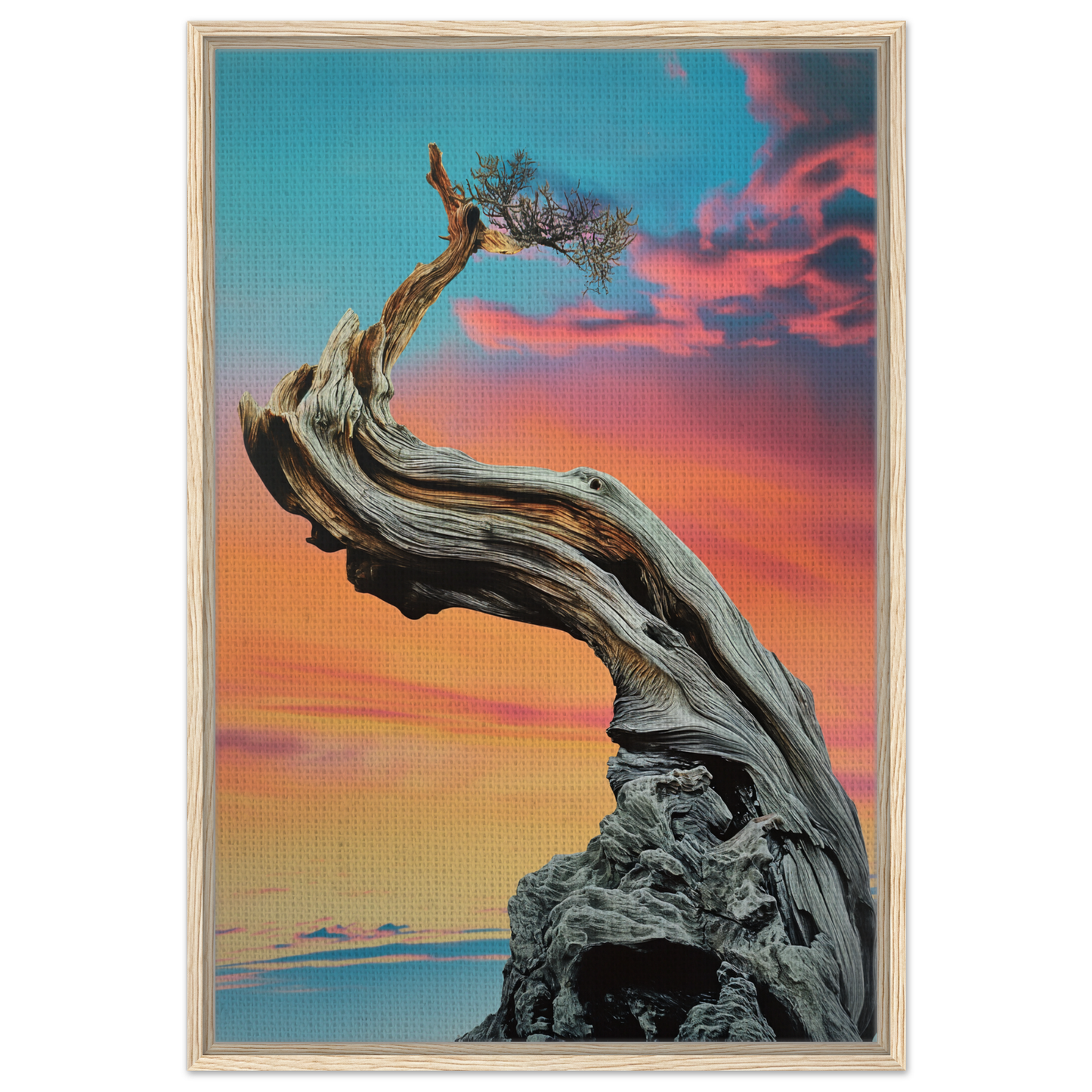 Twisted tree with sparse foliage against a colorful sky in Tangled Celestial Dawn framed canvas print