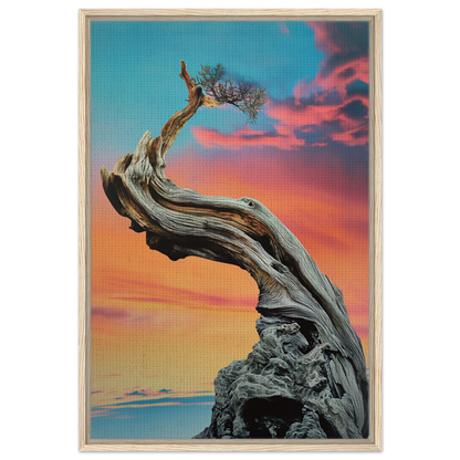 Twisted tree with sparse foliage against a colorful sky in Tangled Celestial Dawn framed canvas print