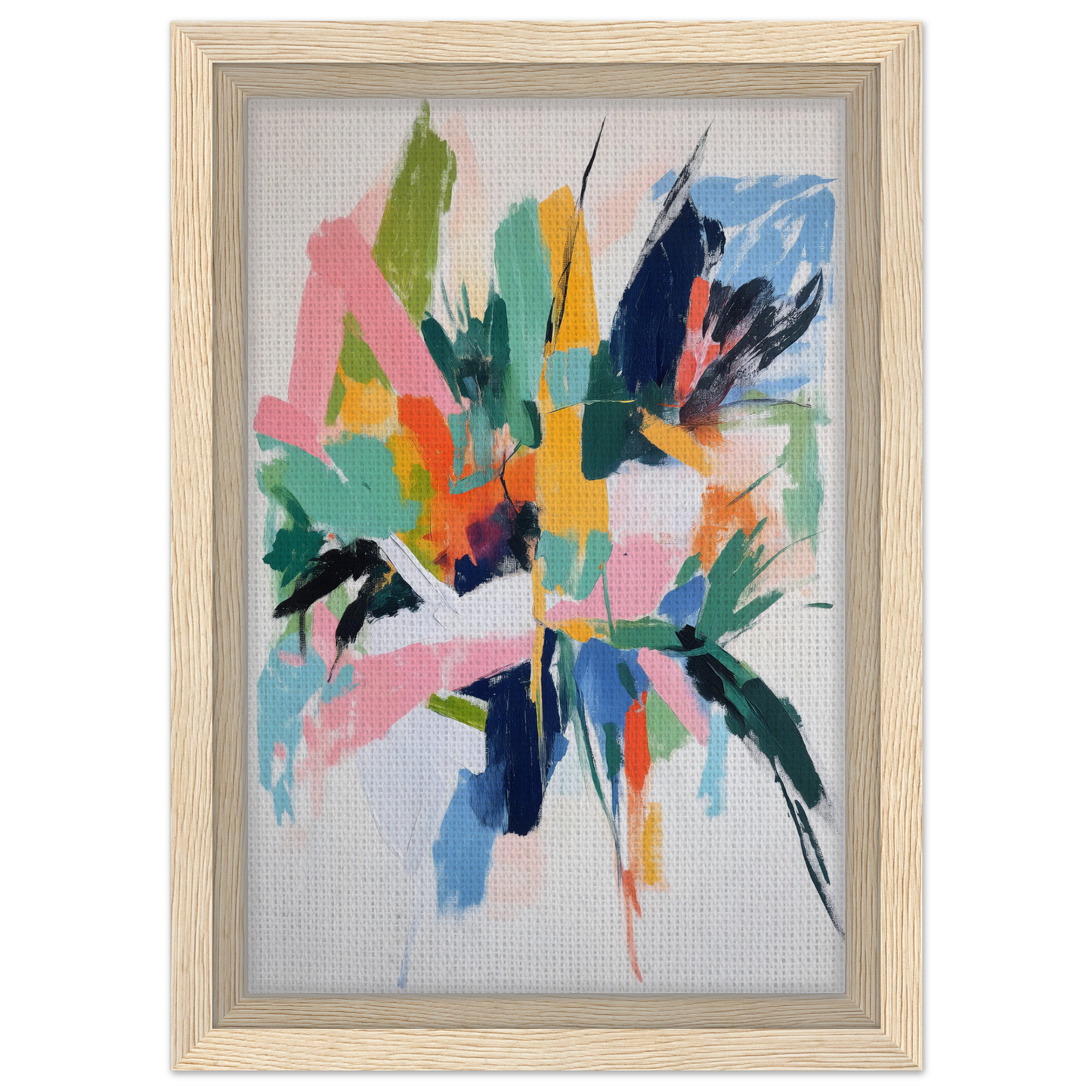 Abstract painting in wooden frame showcasing Teal Dream Eruptions with vibrant brushstrokes