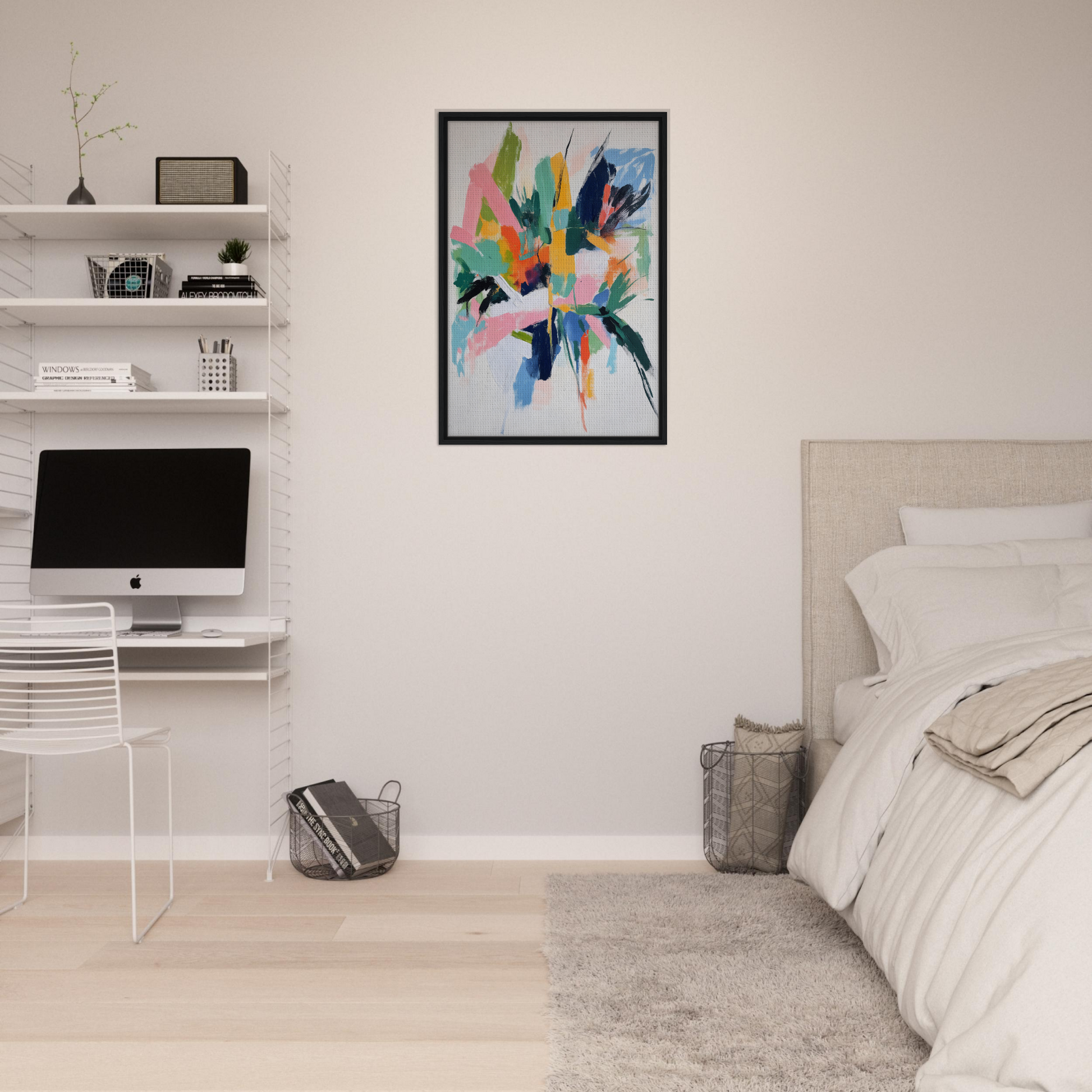 Colorful abstract painting in a black frame showcasing Teal Dream Eruptions design